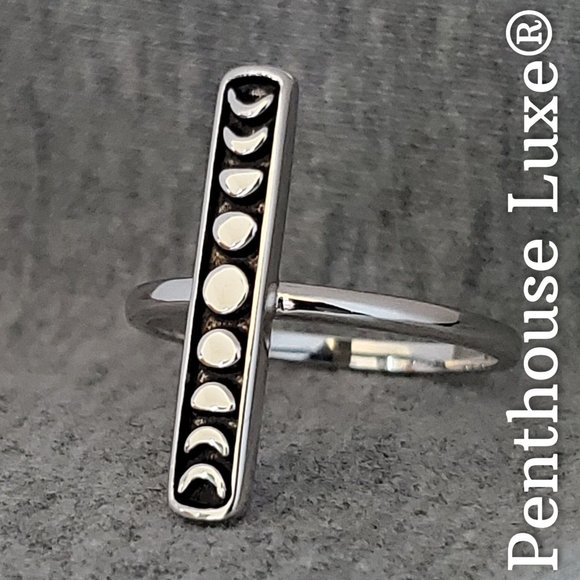 SOLID 925 Sterling Silver Silver Moon Phase Vertical Stacked Ring - Picture 2 of 6